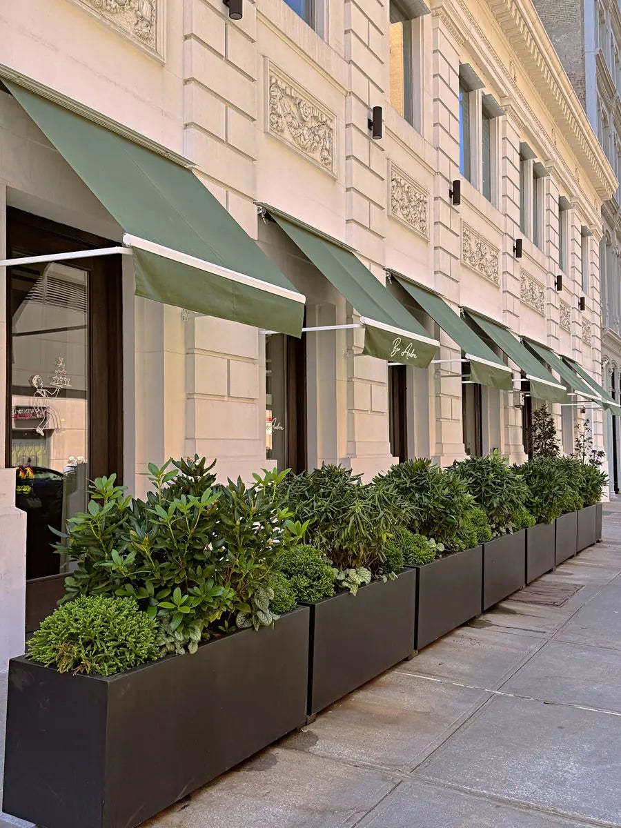 A run of charcoal sidewalk planters layered with evergreen shrubs and groundcover beneath olive awnings