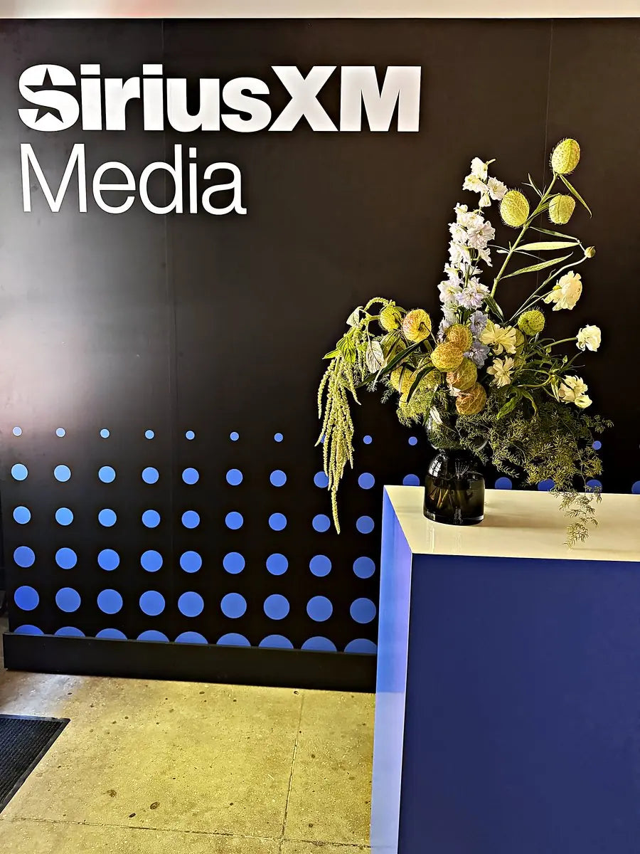 A pale seasonal arrangement on a blue counter against a branded studio wall